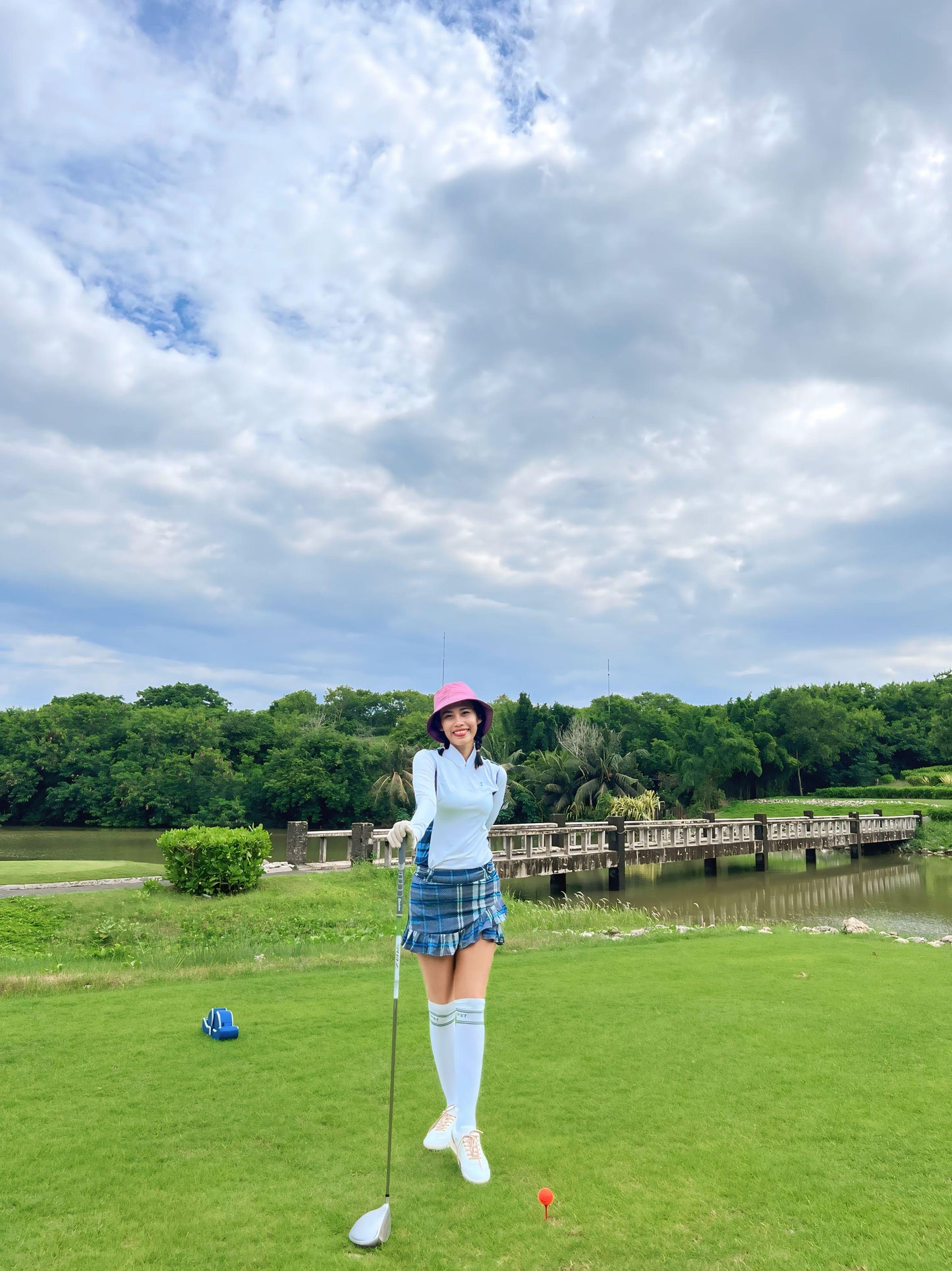 LGS-020 || Golf Set – Top White Long Sleeve Mandarin / Vee Neck Zip Fastened Mid Blue, Light Blue and Brown Tartan Breathable Side & Shoulder Panels with Mid Blue, Light Blue and Brown Tartan Skirt Button Waist Fastening Contoured Pleated Short Hem