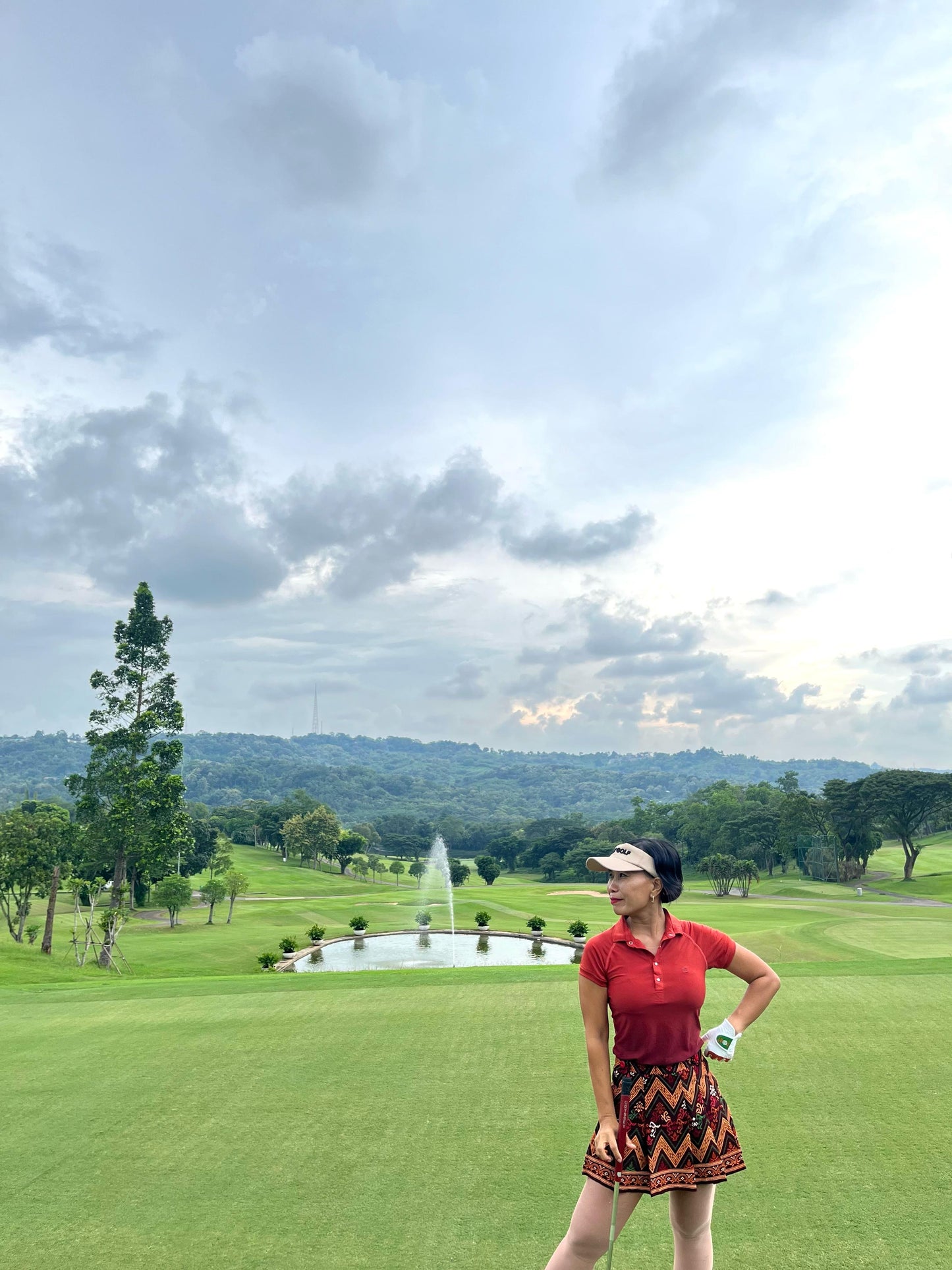 LS-083G || Skirt Brown, Red, Yellow and White Modern Indonesian Batik (Dominant Orange W Motif) Side Button Waist Fastening Large Knife Pleated