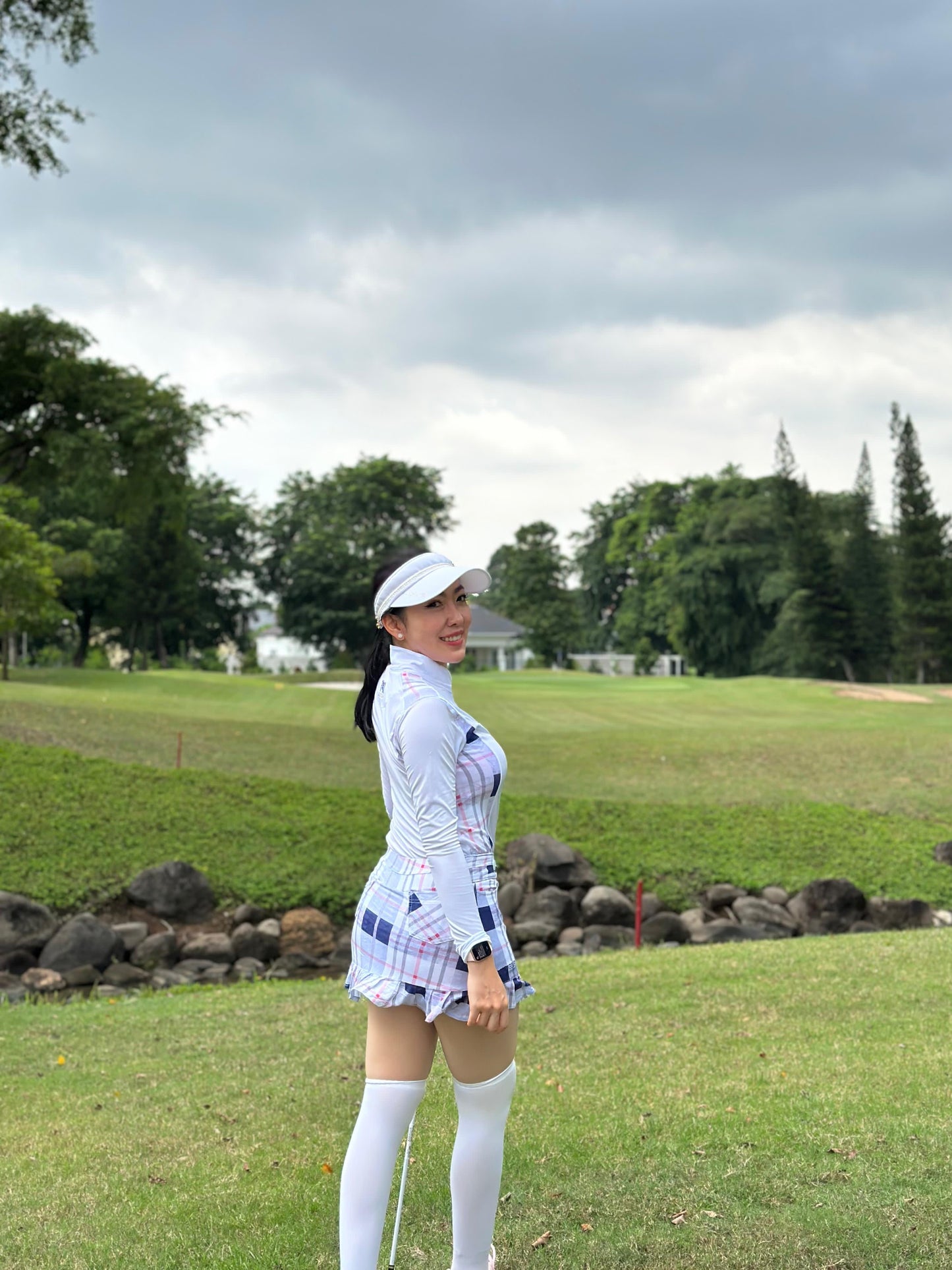 LGS-020I || Golf Set – Top White Long Sleeve Mandarin / Vee Neck Zip Fastened White, Grey, Dark Blue and Pink Tartan Breathable Side & Shoulder Panels with White, Grey, Dark Blue and Pink Tartan Skirt Button Waist Fastening Contoured Pleated Short Hem