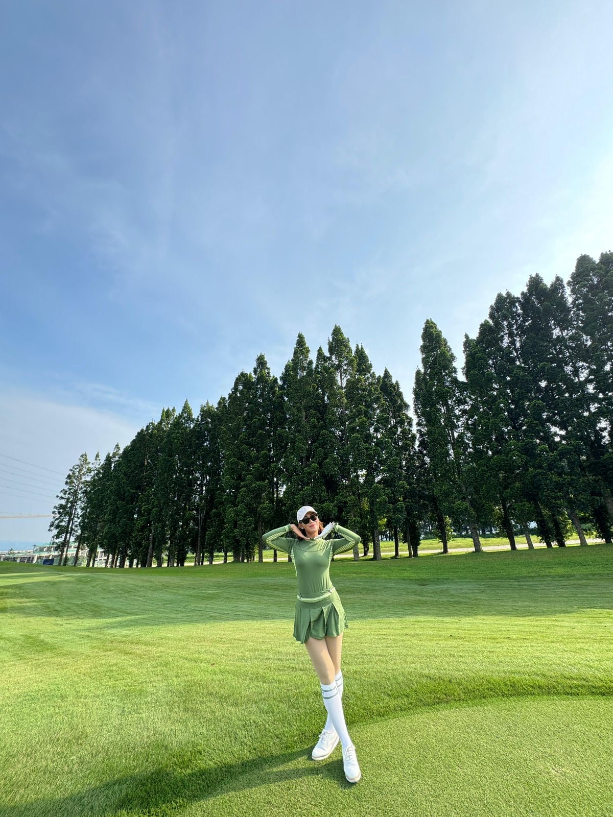 LGS-017 || Golf Set (Top & Skirt) Teranium Green with Midgreen and White Modern Batik Underarm Breathable Material Panels & Vertical Pleated / Frilled Crewneck and Pleated / Frilled Long Sleeve Cuffs