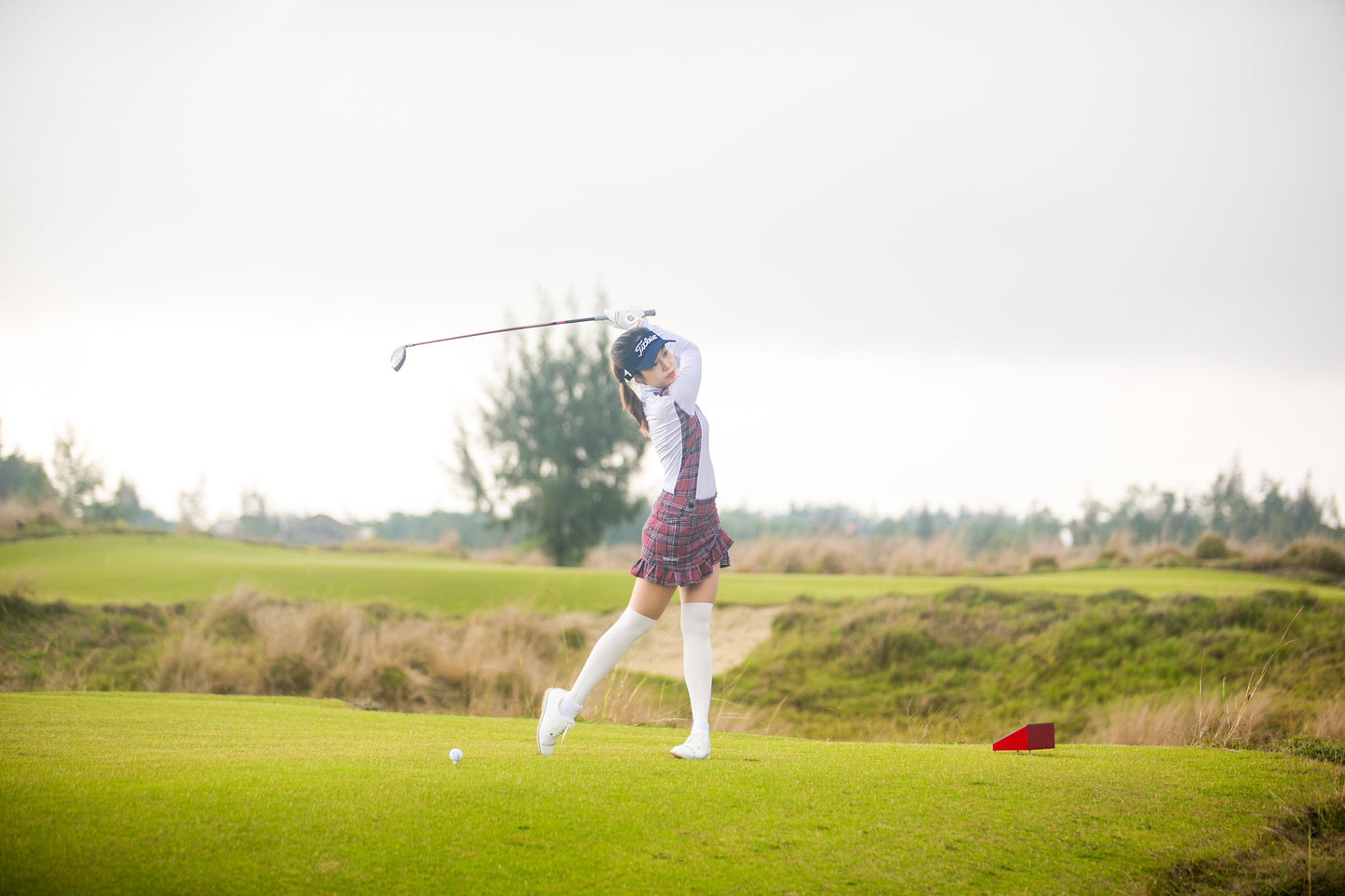 LGS-020E || Golf Set – Top White Long Sleeve Mandarin / Vee Neck Zip Fastened Maroon, Dark Grey and White Tartan Breathable Side & Shoulder Panels with Maroon, Dark Grey and White Tartan Skirt Button Waist Fastening Contoured Pleated Short Hem