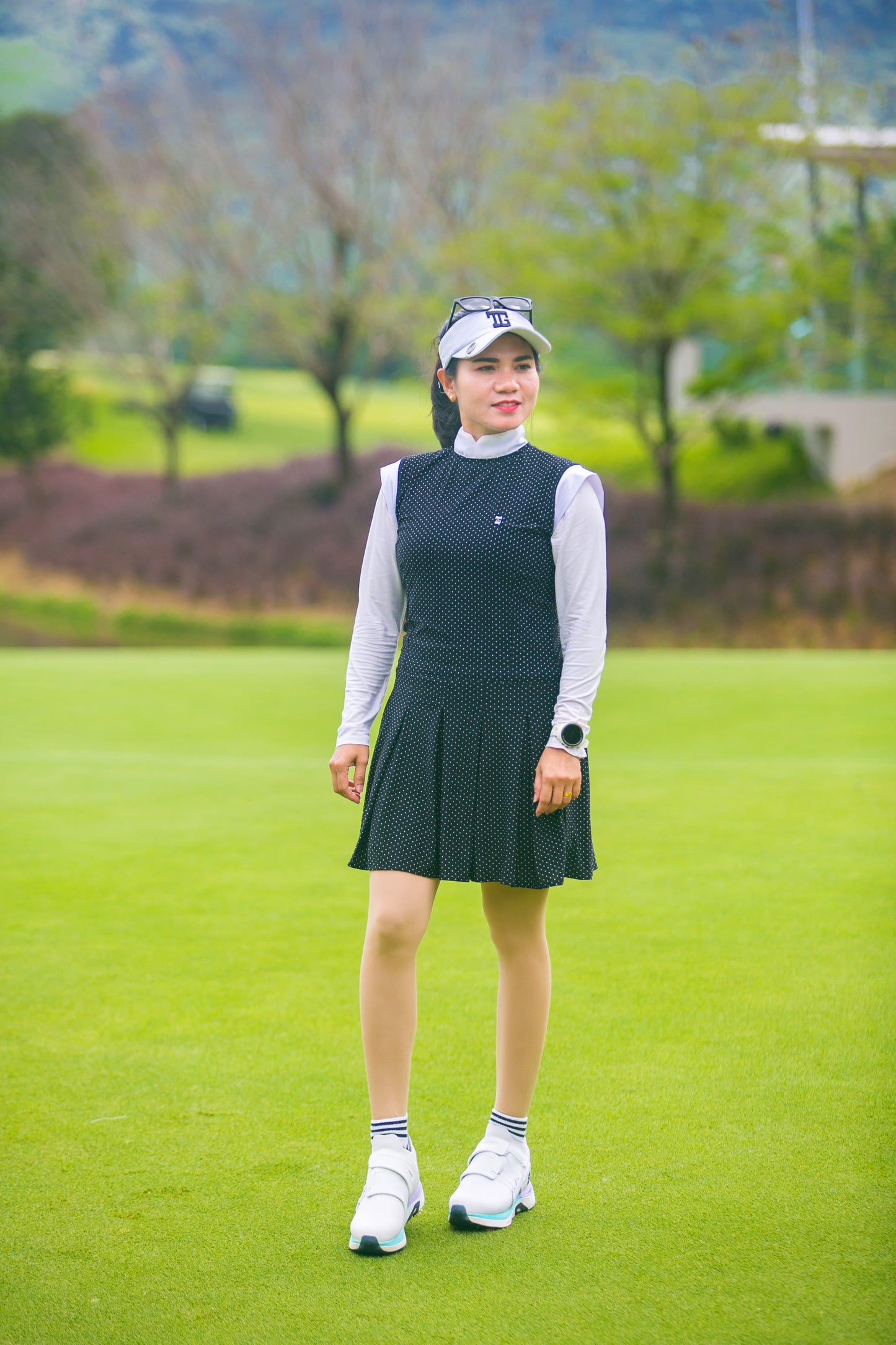 GD-028B || Golf Dress Soft Feel Black Short Sleeve Mandarin Neck with White Micro Polka Dots White Collar and Sleeve Trim 1 Side Pockets 1/3 Lower Pleated / Swing Section