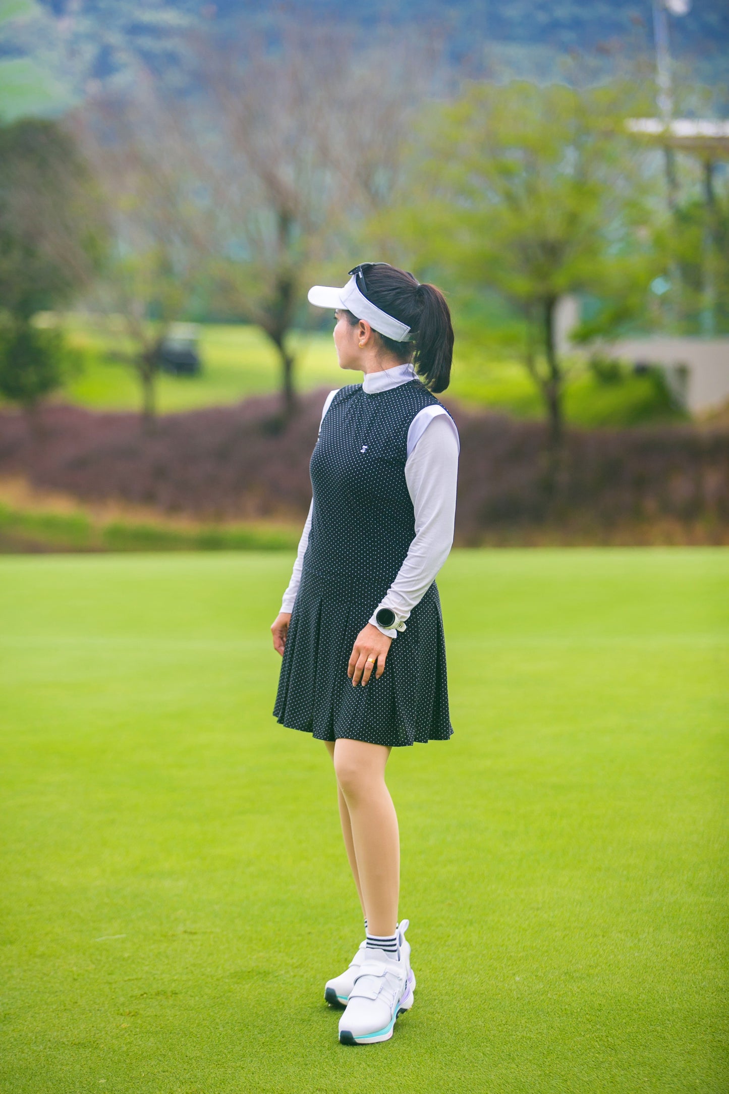 GD-028B || Golf Dress Soft Feel Black Short Sleeve Mandarin Neck with White Micro Polka Dots White Collar and Sleeve Trim 1 Side Pockets 1/3 Lower Pleated / Swing Section