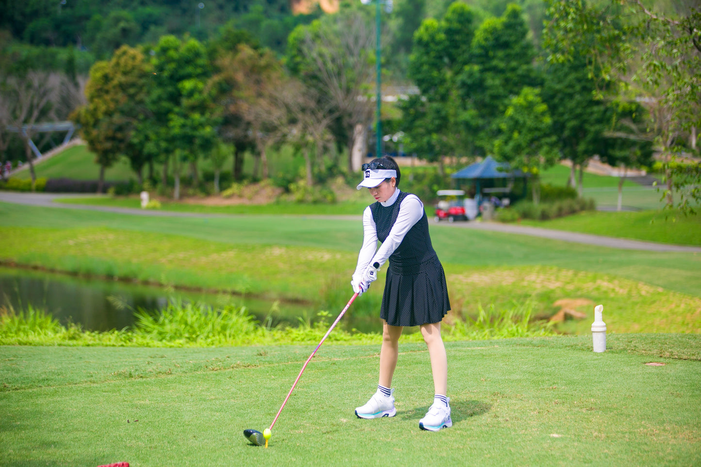 GD-028B || Golf Dress Soft Feel Black Short Sleeve Mandarin Neck with White Micro Polka Dots White Collar and Sleeve Trim 1 Side Pockets 1/3 Lower Pleated / Swing Section