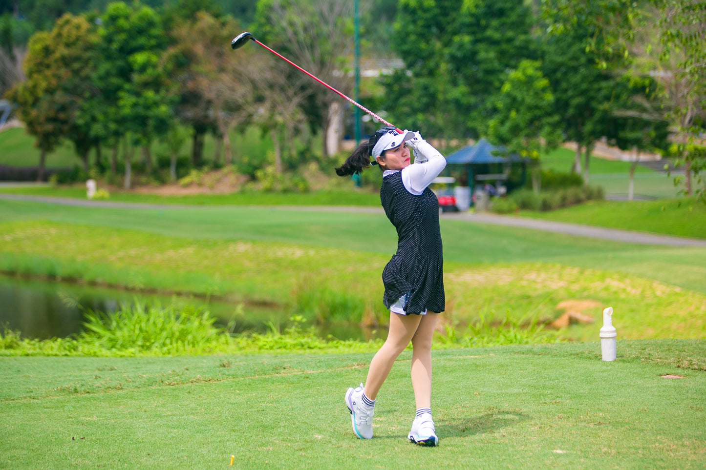 GD-028B || Golf Dress Soft Feel Black Short Sleeve Mandarin Neck with White Micro Polka Dots White Collar and Sleeve Trim 1 Side Pockets 1/3 Lower Pleated / Swing Section