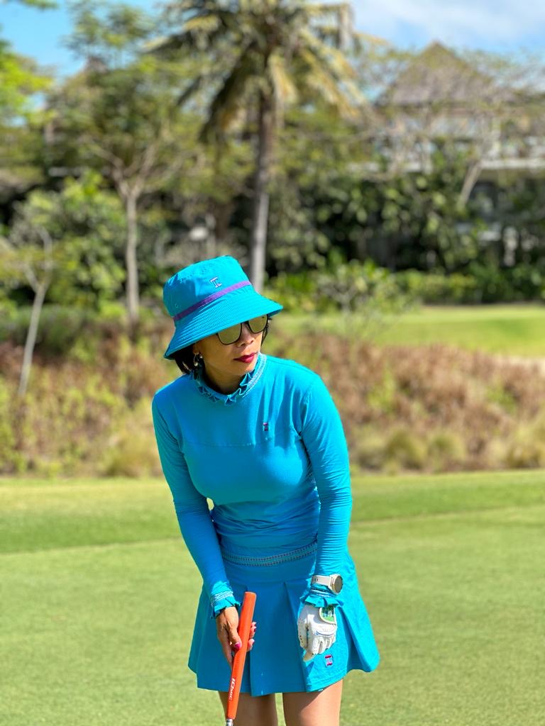 LGS-017A || Golf Set (Top & Skirt) Turquoise with Blue and Pink Dotted Underarm Breathable Material Panels & Vertical Pleated / Frilled Crewneck and Pleated / Frilled Long Sleeve