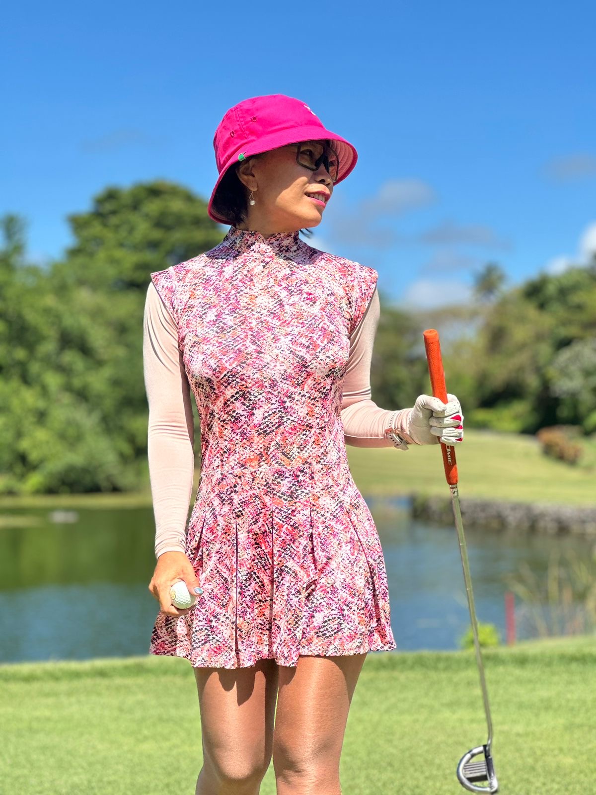 GD-028A || Golf Dress Soft Feel Pink Modern Batik Short Sleeve Mandarin Neck with Pink Modern Batik White Collar and Sleeve Trim 1 Side Pockets 1/3 Lower Pleated / Swing Section