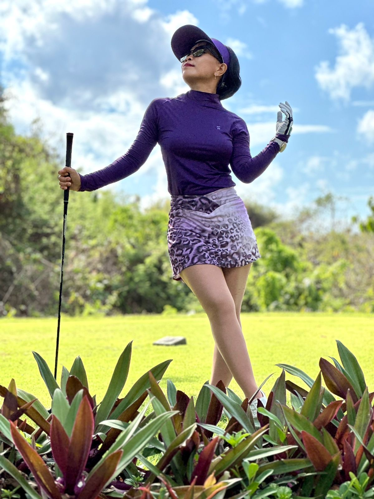 LS-087A || Skirt Purple with Black Leopard Motif Piled Up Waist Style