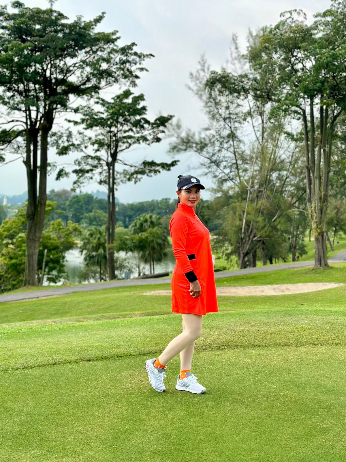 GD-031 || Golf Dress Bright Orange with Long Sleeve and Black Trim w/ V-Neck Zip Fastened