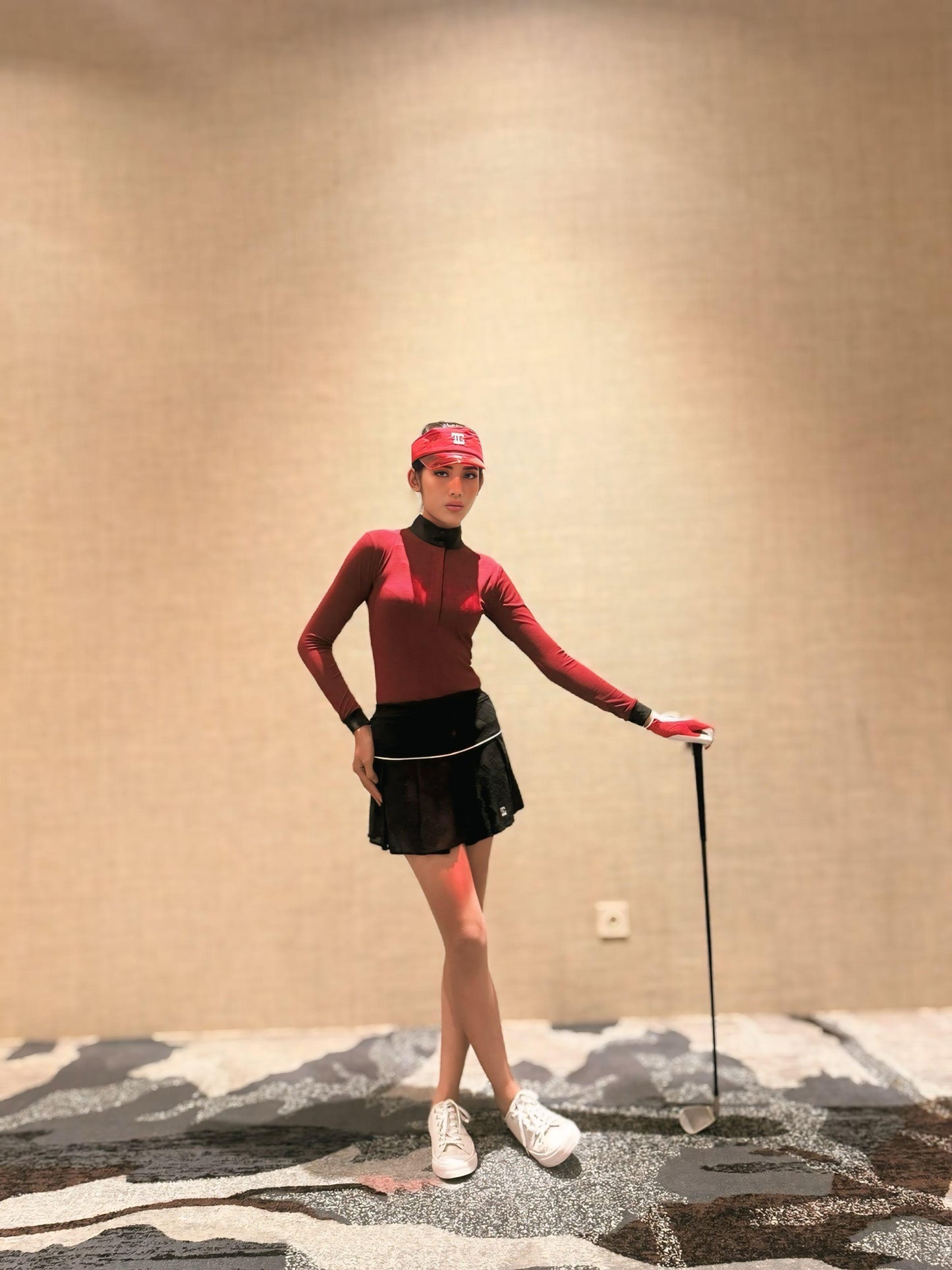 LS-074F || Skirt Plain Black with Embossed Motif and White Horizontal Waist Beading and Four-Square Pleats from the Hip