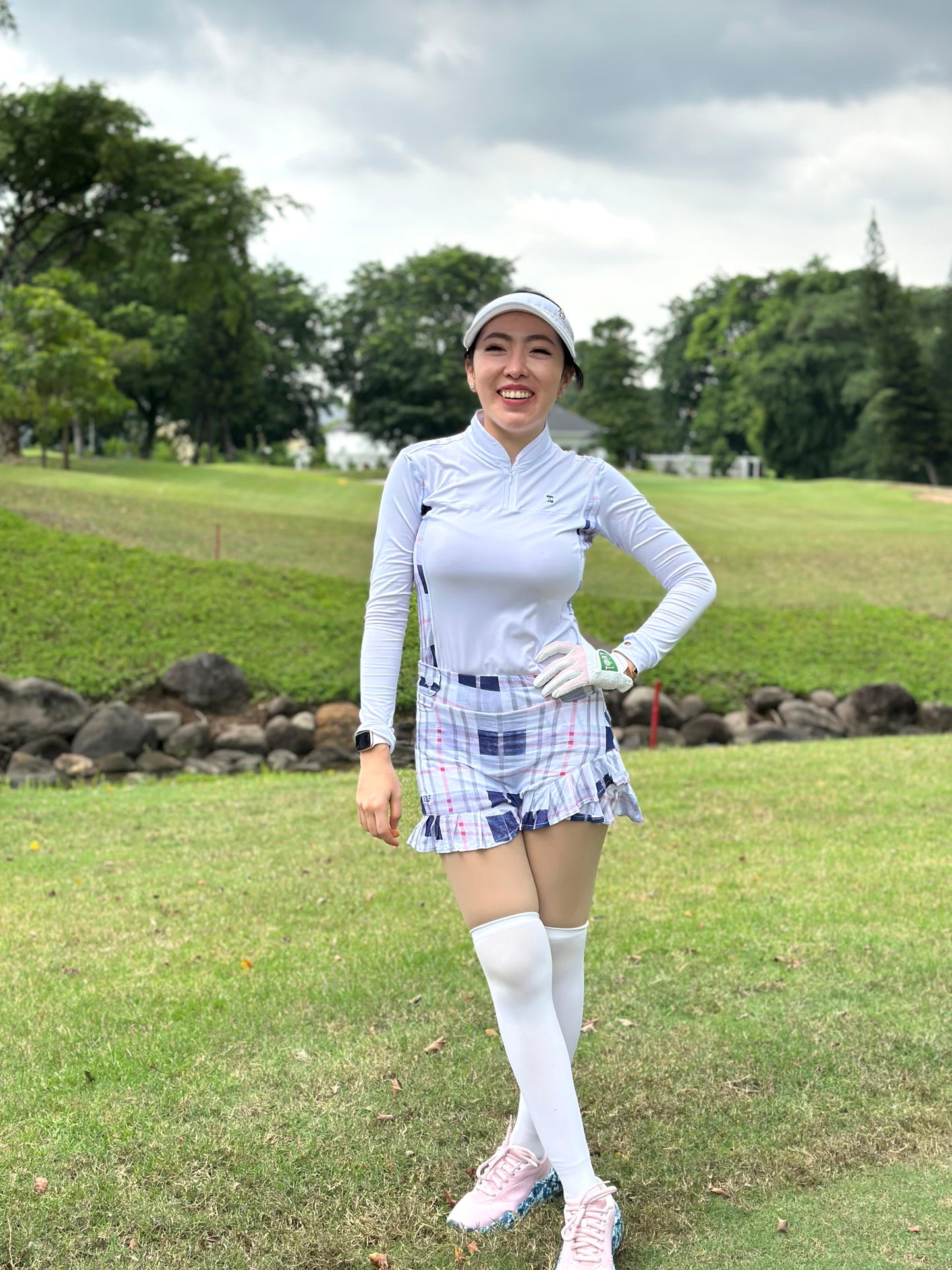 LGS-020I || Golf Set – Top White Long Sleeve Mandarin / Vee Neck Zip Fastened White, Grey, Dark Blue and Pink Tartan Breathable Side & Shoulder Panels with White, Grey, Dark Blue and Pink Tartan Skirt Button Waist Fastening Contoured Pleated Short Hem