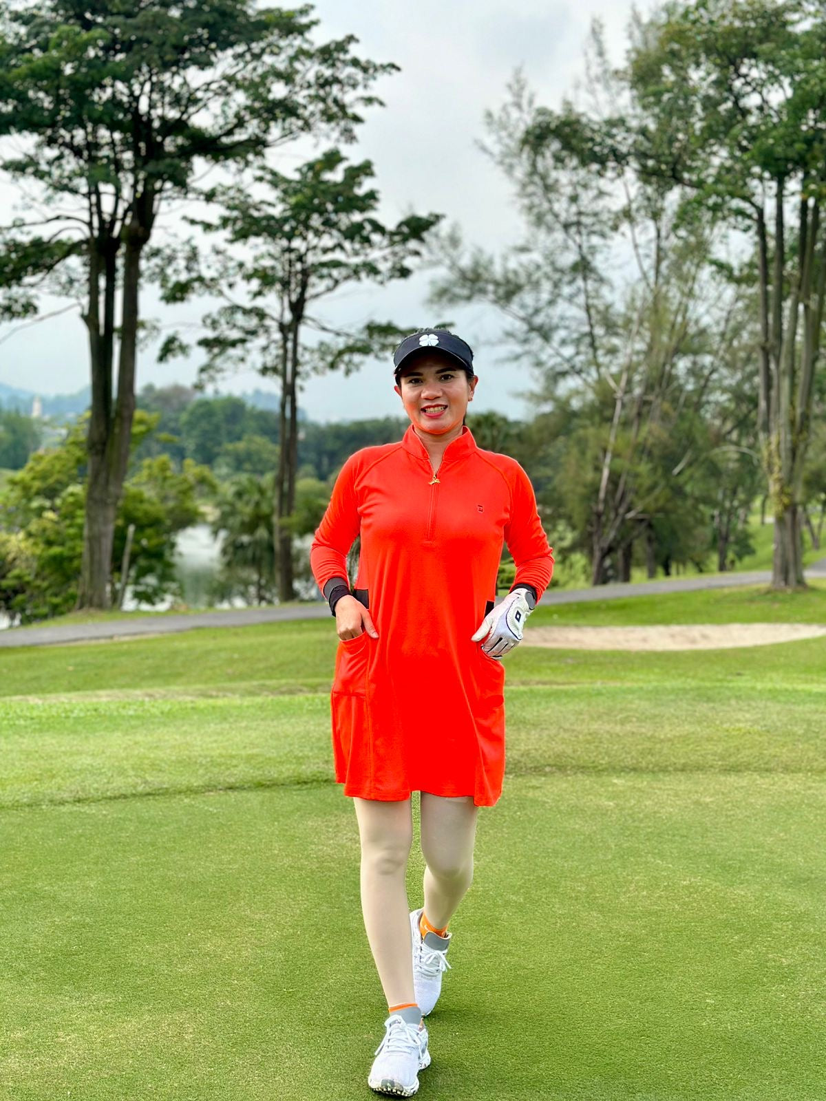 GD-031 || Golf Dress Bright Orange with Long Sleeve and Black Trim w/ V-Neck Zip Fastened