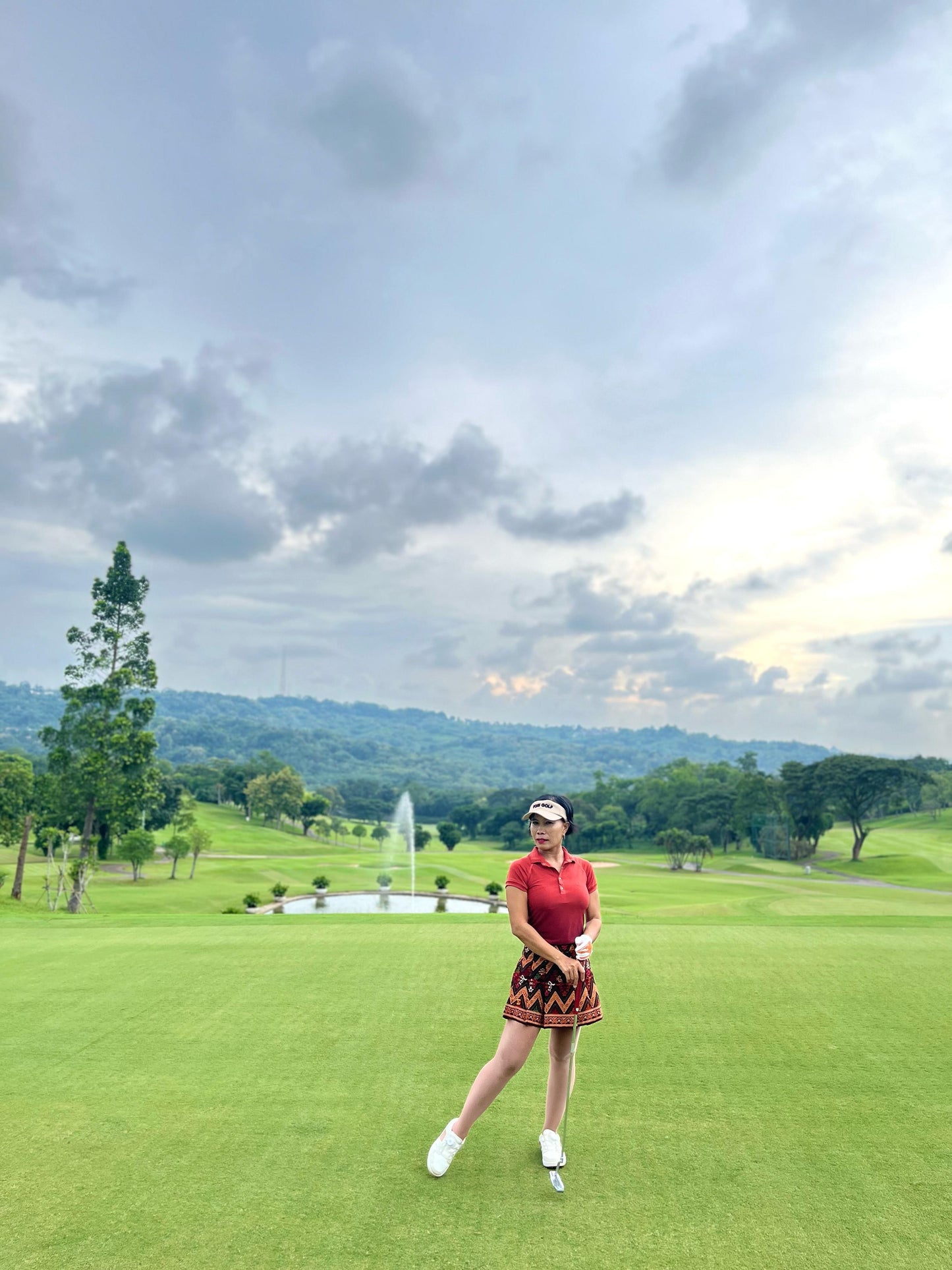 LS-083G || Skirt Brown, Red, Yellow and White Modern Indonesian Batik (Dominant Orange W Motif) Side Button Waist Fastening Large Knife Pleated