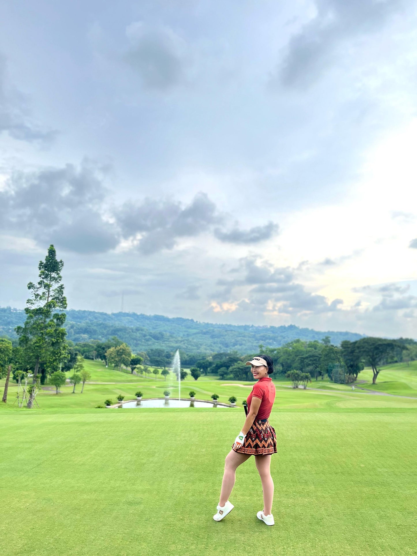 LS-083G || Skirt Brown, Red, Yellow and White Modern Indonesian Batik (Dominant Orange W Motif) Side Button Waist Fastening Large Knife Pleated