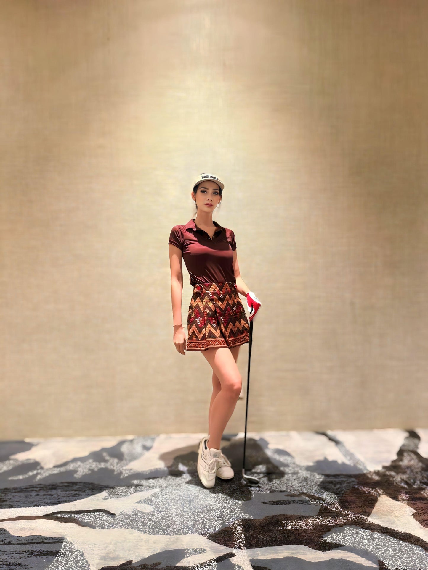 LS-083G || Skirt Brown, Red, Yellow and White Modern Indonesian Batik (Dominant Orange W Motif) Side Button Waist Fastening Large Knife Pleated