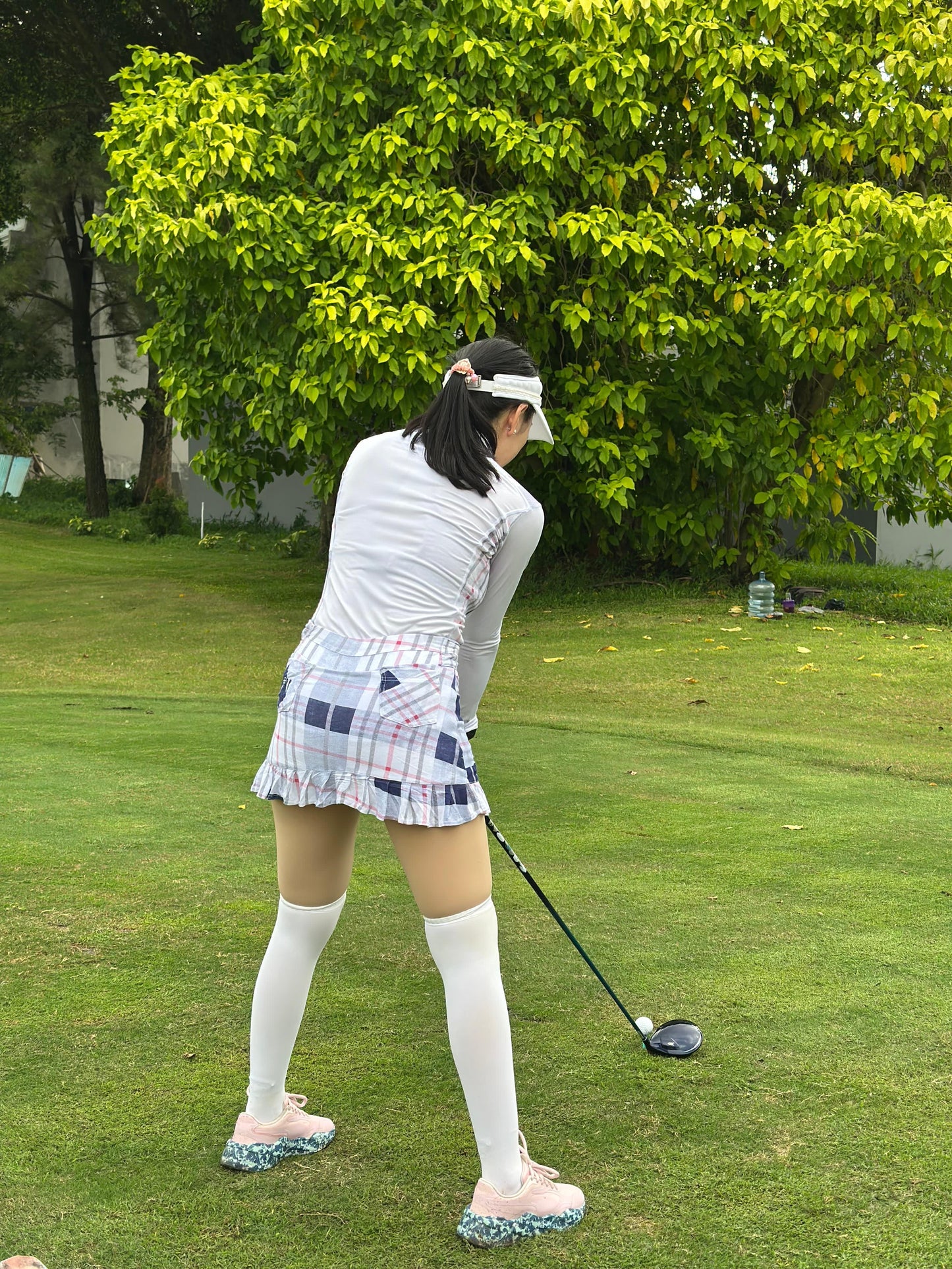 LGS-020I || Golf Set – Top White Long Sleeve Mandarin / Vee Neck Zip Fastened White, Grey, Dark Blue and Pink Tartan Breathable Side & Shoulder Panels with White, Grey, Dark Blue and Pink Tartan Skirt Button Waist Fastening Contoured Pleated Short Hem