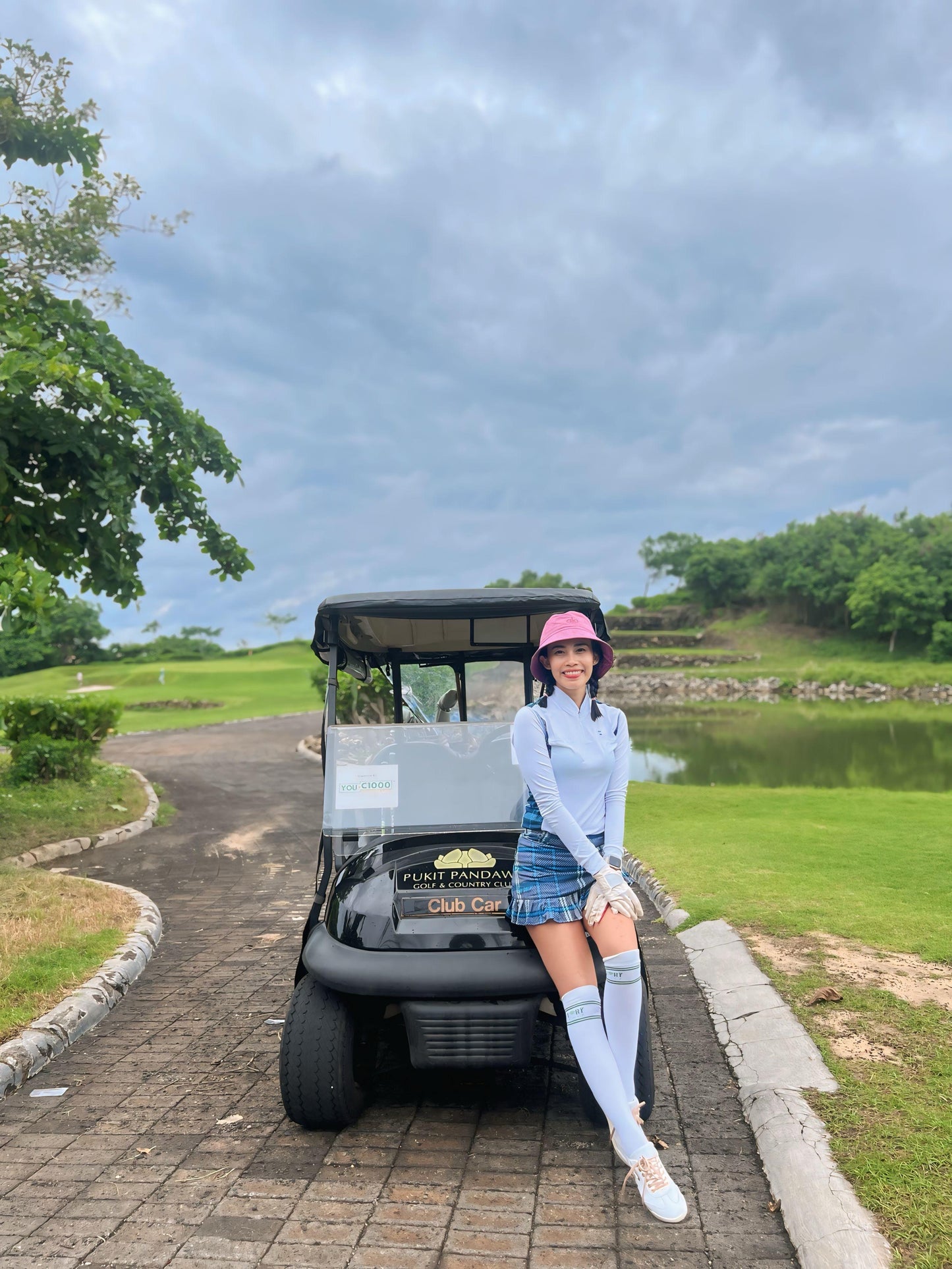 LGS-020 || Golf Set – Top White Long Sleeve Mandarin / Vee Neck Zip Fastened Mid Blue, Light Blue and Brown Tartan Breathable Side & Shoulder Panels with Mid Blue, Light Blue and Brown Tartan Skirt Button Waist Fastening Contoured Pleated Short Hem