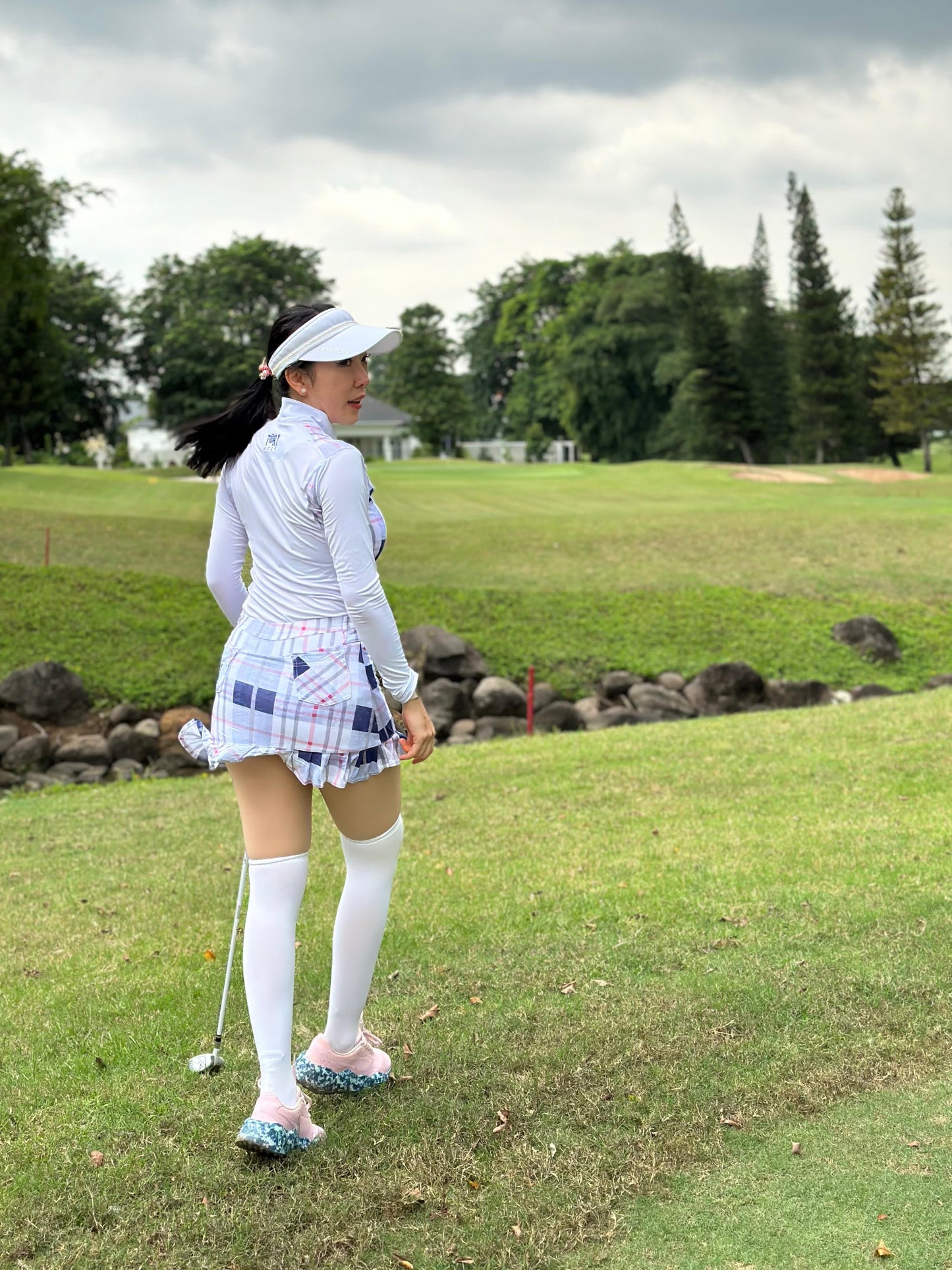 LGS-020I || Golf Set – Top White Long Sleeve Mandarin / Vee Neck Zip Fastened White, Grey, Dark Blue and Pink Tartan Breathable Side & Shoulder Panels with White, Grey, Dark Blue and Pink Tartan Skirt Button Waist Fastening Contoured Pleated Short Hem