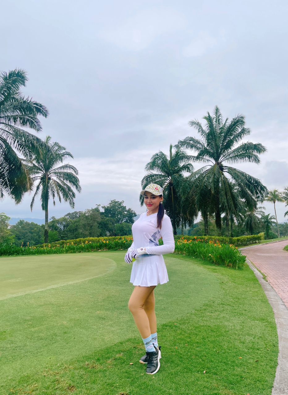 GD-027A || Golf Dress White, Open V Neck Mandarin Collar Pleated Swing Hem with White, Blue, Black & White Horizontal & Vertical Stripes Breathable Underarm and Hip Trim, 2 Side Pockets Long Sleeve