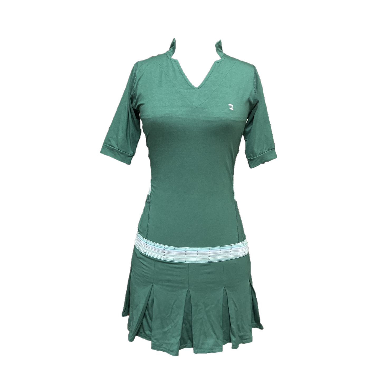 GD-017A || Golf Dress Dark Green, Open V Neck Mandarin Collar Pleated Swing Hem with White and Green Fine striped Motif Breathable Underarm and Above Hemline Trim Panels, 2 Side Pockets Mid Length Short Sleeves