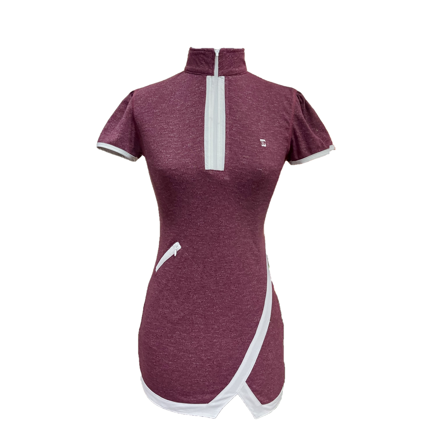 GD-024 || Golf Dress Maroon with White Trim Lapel Zip Fastening and White Diagonal Slash Front Right Pocket and Short Vee Hem Split Short Sleeve with Rear Pleated Hem Panel