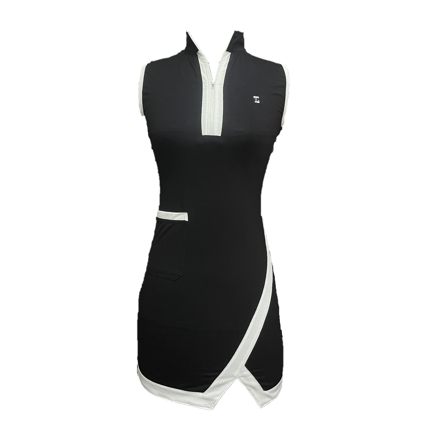 GD-025A || Golf Dress Black with White Trim Lapel Zip Fastening and White Straight Cut Front Right Pocket and Short Vee Hem Split Sleeveless