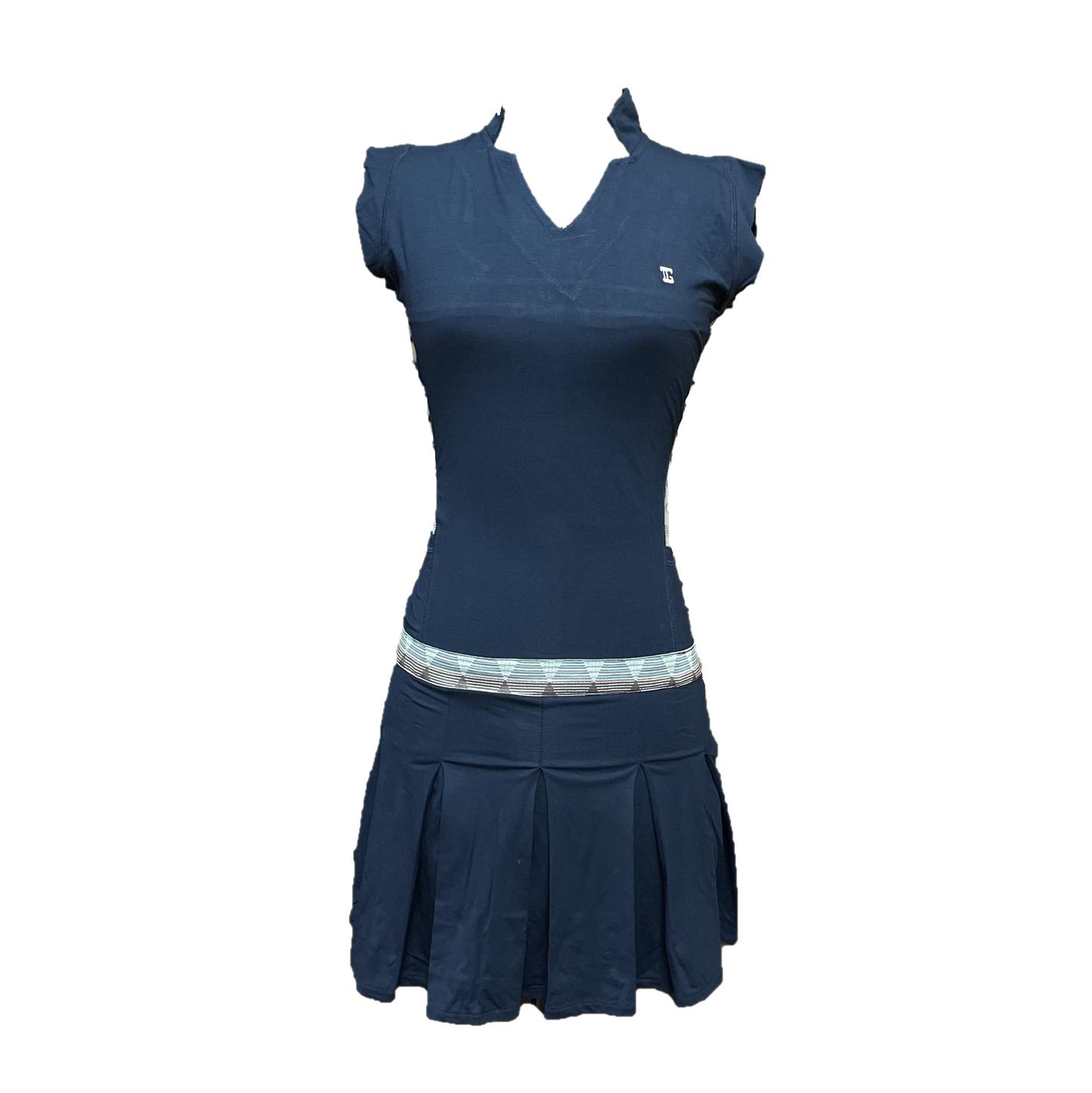 GD-026A || Golf Dress Navy, Open V Neck Mandarin Collar Pleated Swing Hem with White, Black Purple & Blue Triangle Pattern Breathable Underarm and Hip Trim, 2 Side Pockets Sleeveless