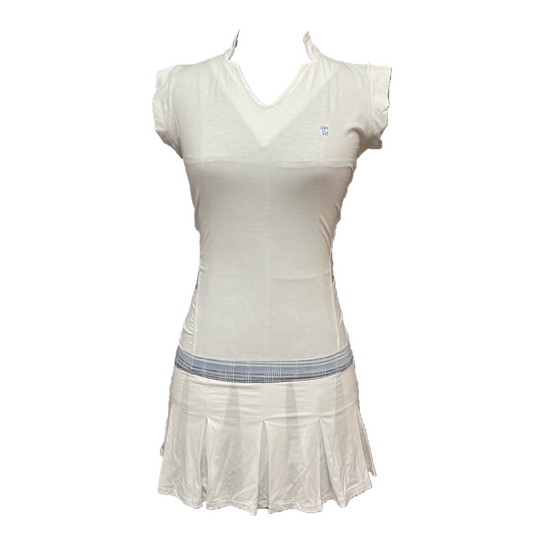 GD-026B || Golf Dress White, Open V Neck Mandarin Collar Pleated Swing Hem with White, Blue, Black & White Horizontal & Vertical Stripes Breathable Underarm and Hip Trim, 2 Side Pockets Sleeveless