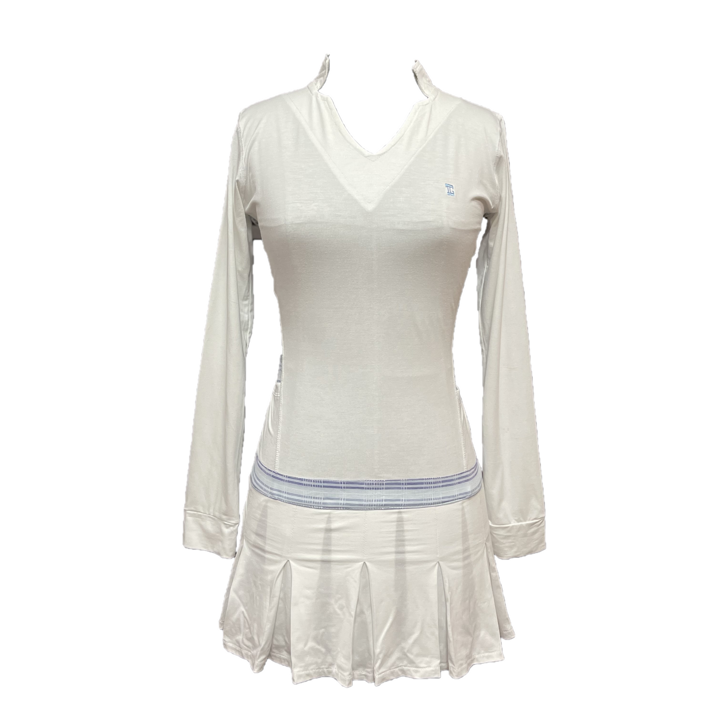 GD-027A || Golf Dress White, Open V Neck Mandarin Collar Pleated Swing Hem with White, Blue, Black & White Horizontal & Vertical Stripes Breathable Underarm and Hip Trim, 2 Side Pockets Long Sleeve