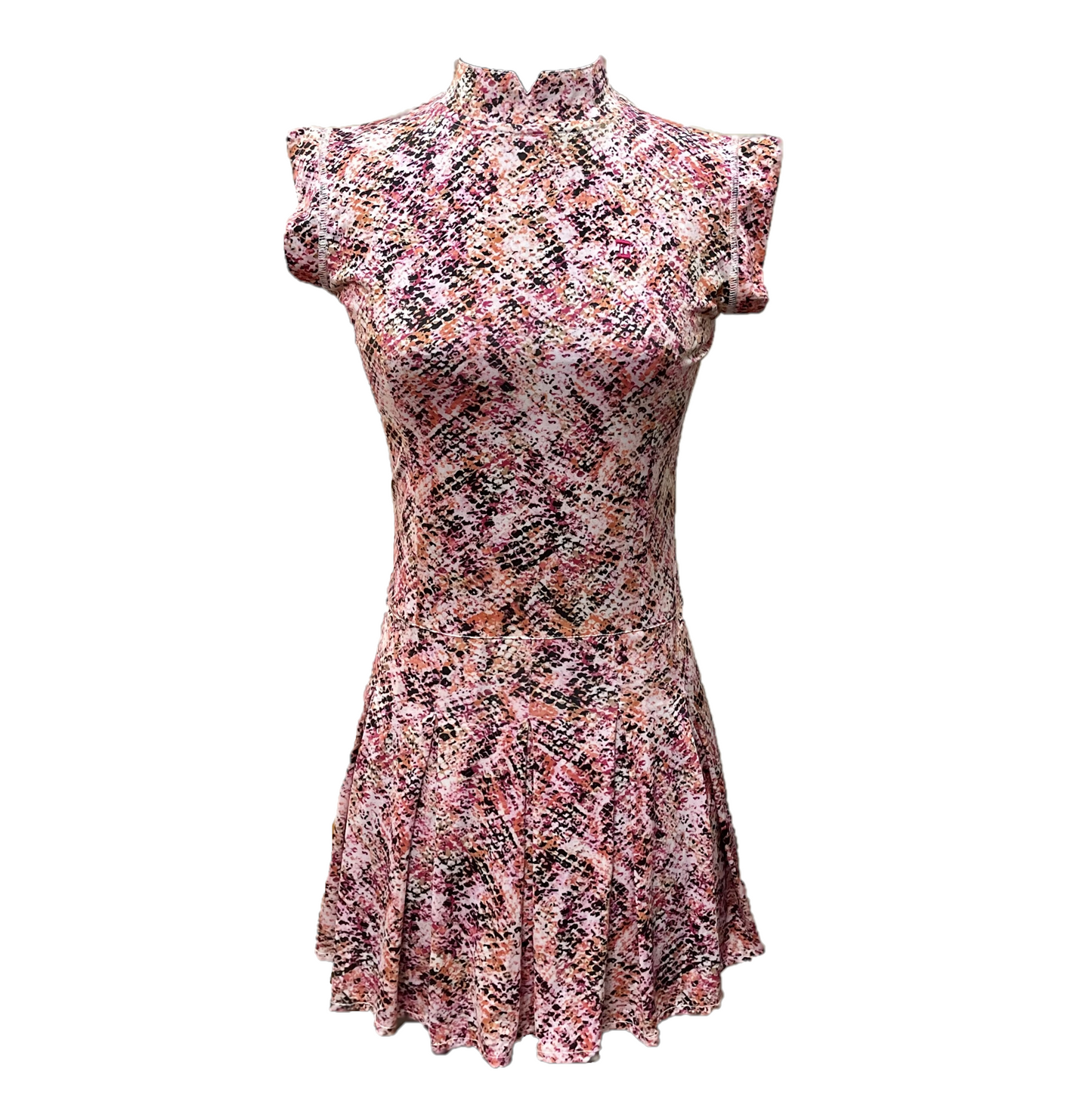 GD-028A || Golf Dress Soft Feel Pink Modern Batik Short Sleeve Mandarin Neck with Pink Modern Batik White Collar and Sleeve Trim 1 Side Pockets 1/3 Lower Pleated / Swing Section