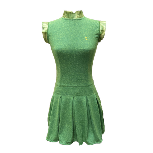 GD-028C || Golf Dress Green with Yellow Fleck Short Sleeve Mandarin Neck with Fleck Green and White-Collar Diagonal Stripes Trim 1 Side Pockets 1/3 Lower Pleated / Swing Section