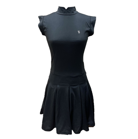 GD-028D || Golf Dress Soft Feel Dry Fit Type Material All Black Short Sleeve Mandarin Neck 1 Side Pockets 1/3 Lower Pleated / Swing Section