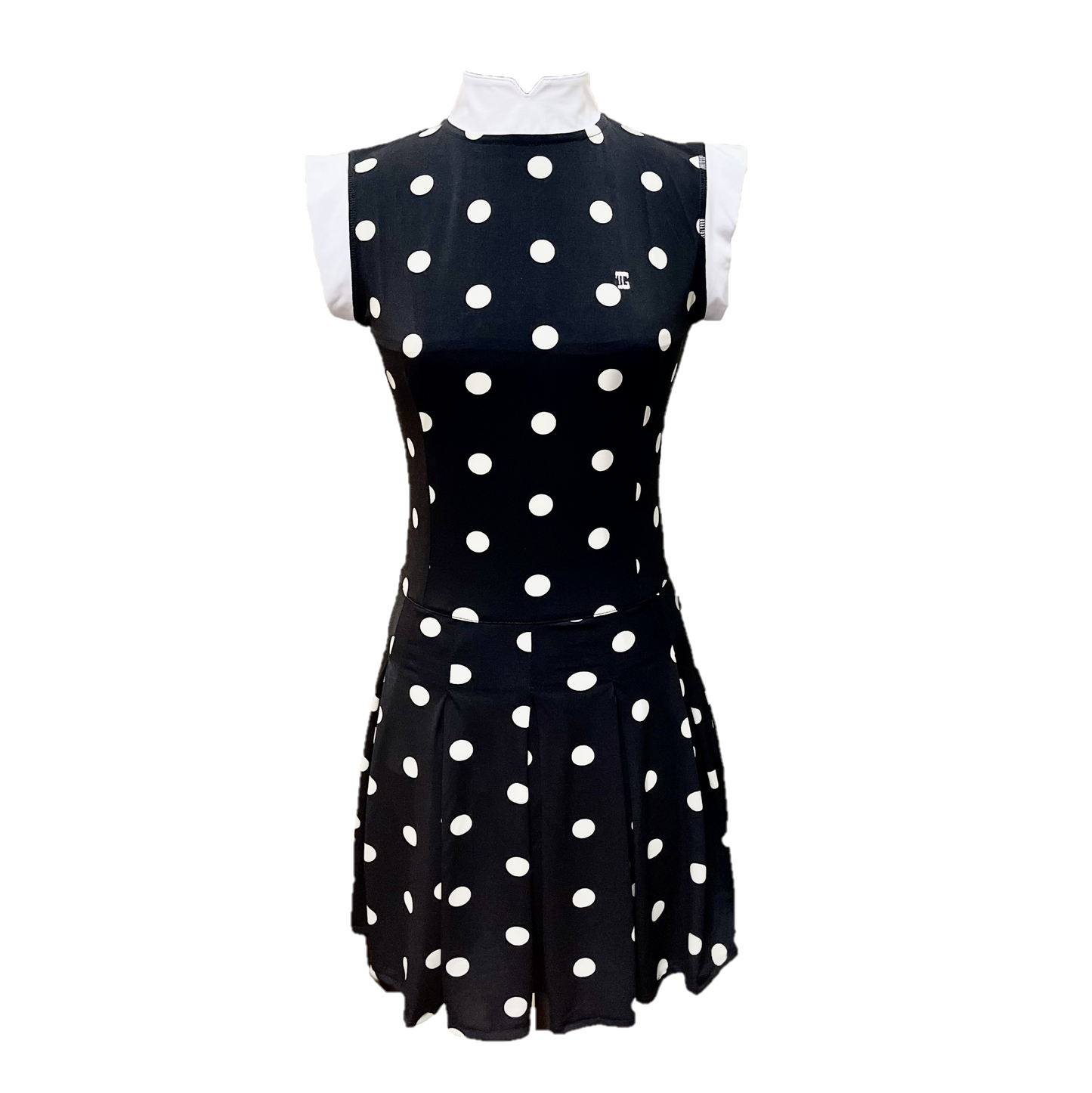 GD-028 || Golf Dress Soft Feel Black Short Sleeve Mandarin Neck with White Big Polka Dots White Collar and Sleeve Trim 1 Side Pockets 1/3 Lower Pleated / Swing Section