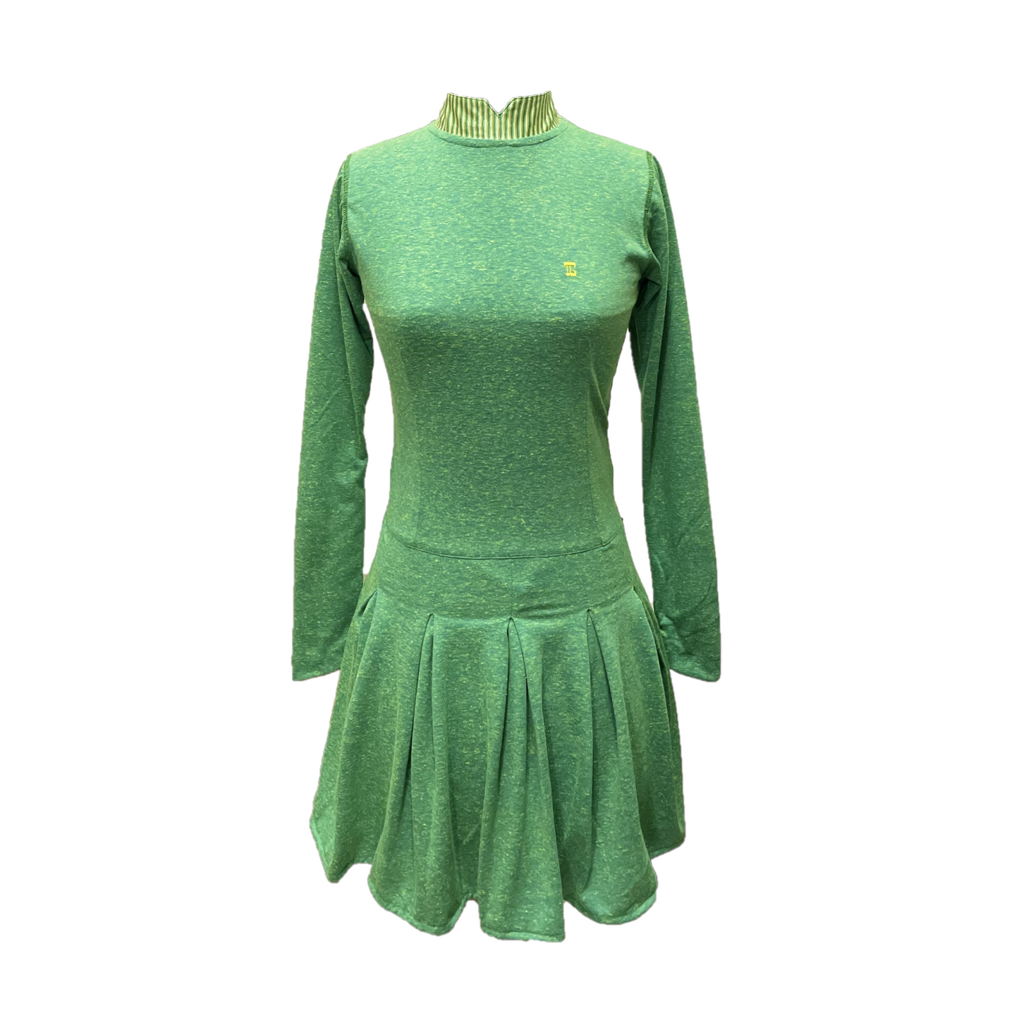 GD-028C || Golf Dress Green with Yellow Fleck Short Sleeve Mandarin Neck with Fleck Green and White Diagonal Stripes Collar Trim 1 Side Pockets 1/3 Lower Pleated / Swing Section