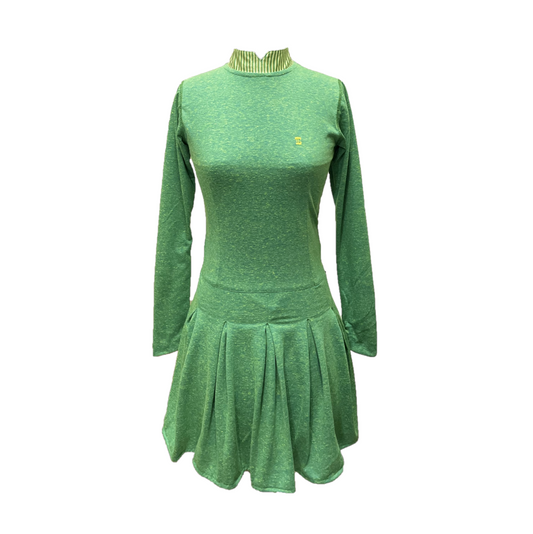 GD-028C || Golf Dress Green with Yellow Fleck Short Sleeve Mandarin Neck with Fleck Green and White Diagonal Stripes Collar Trim 1 Side Pockets 1/3 Lower Pleated / Swing Section