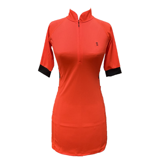 GD-030 || Golf Dress Bright Orange with Half Length Sleeve and Black Trim w/ V-Neck Zip Fastened