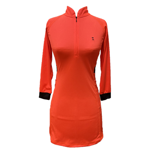 GD-031 || Golf Dress Bright Orange with Long Sleeve and Black Trim w/ V-Neck Zip Fastened