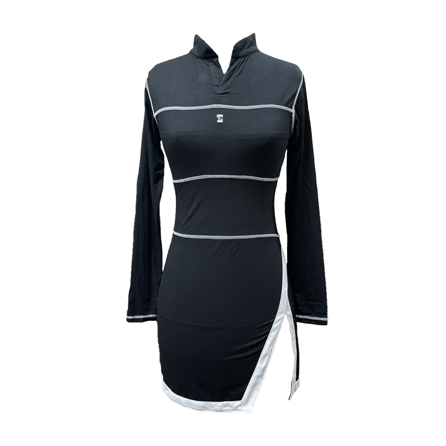 GD-027 || Golf Dress Navy, Open V Neck Mandarin Collar Pleated Swing Hem with White, Black Purple &amp; Blue Triangle Pattern Breathable Underarm and Hip Trim, 2 Side Long Sleeve