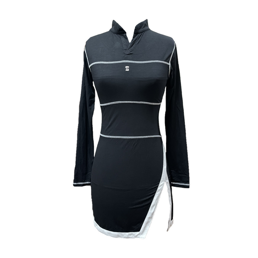 GD-027 || Golf Dress Navy, Open V Neck Mandarin Collar Pleated Swing Hem with White, Black Purple & Blue Triangle Pattern Breathable Underarm and Hip Trim, 2 Side Long Sleeve