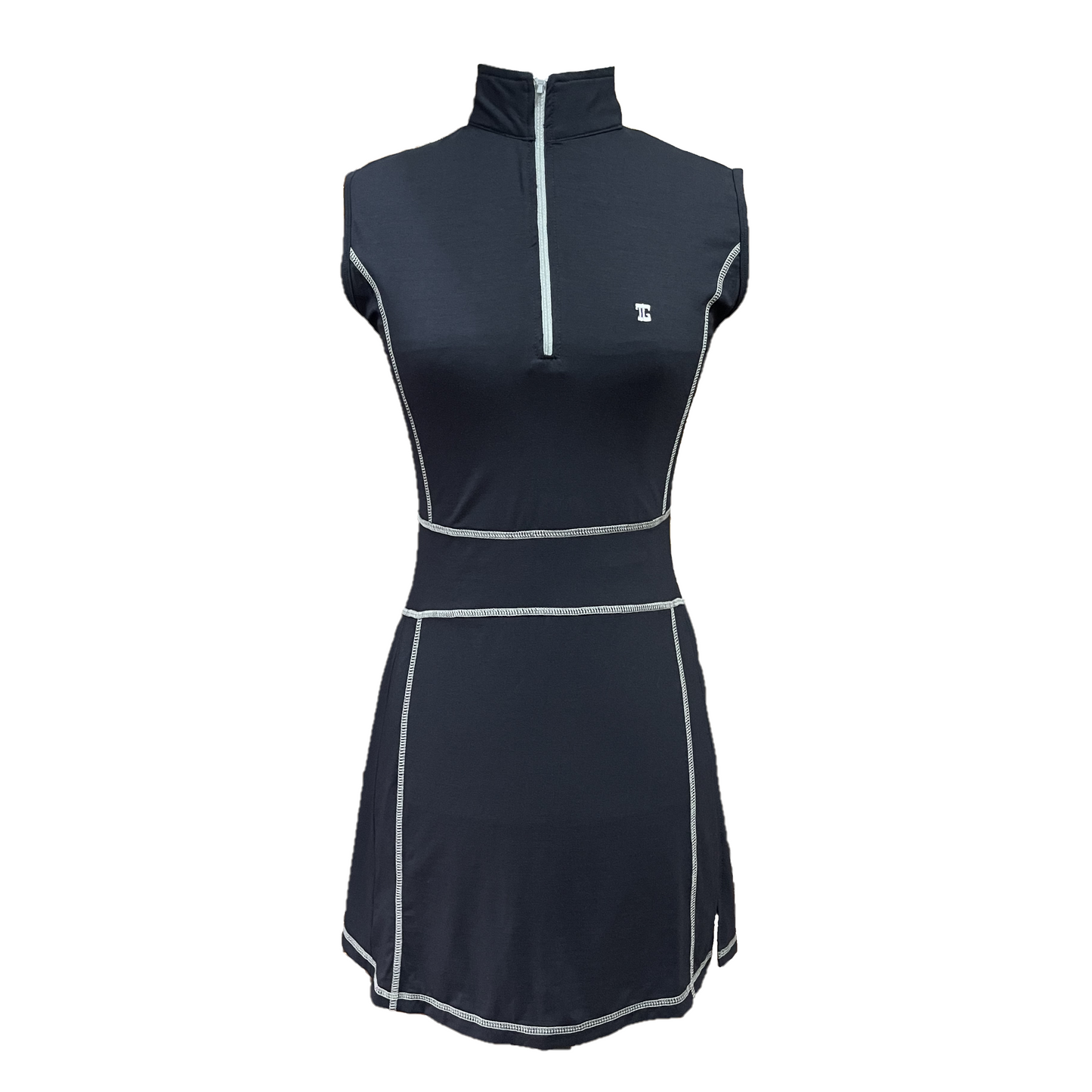 GD-035 || Golf Dress Black Sleeveless, with Zipper Mock Polo Neck with White Overlock Stitching and Two Folds on The Bottom Side