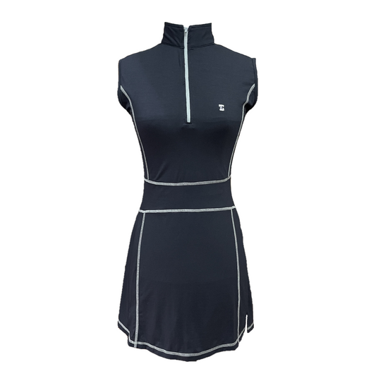 GD-035 || Golf Dress Black Sleeveless, with Zipper Mock Polo Neck with White Overlock Stitching and Two Folds on The Bottom Side
