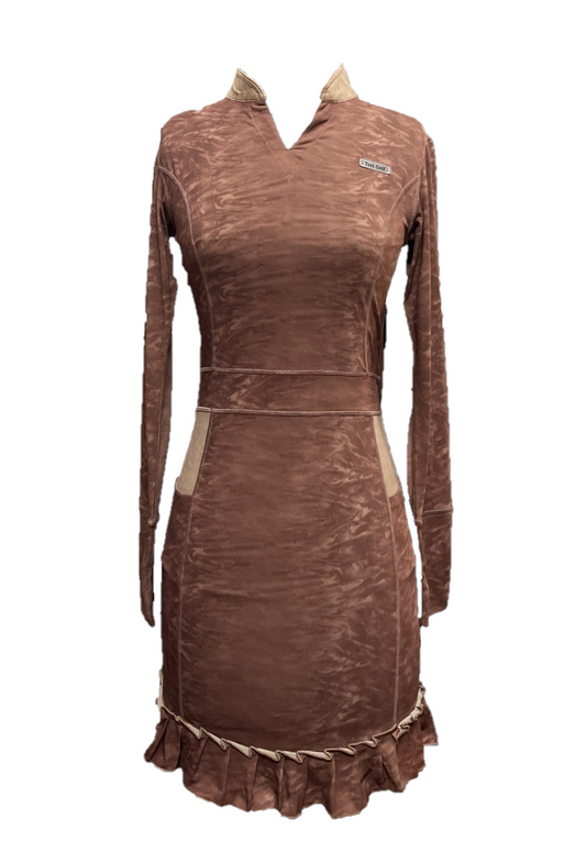 GD-036A || Golf Dress Brown with Light Brown Gradation Motif Long Sleeve, V-Neck Mandarin Collar, with Brown Combination Under Arm and Slit Under Right and Left Side