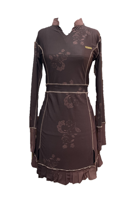 GD-036 || Golf Dress Dark Brown Floral Panel Long Sleeve, V-Neck Mandarin Collar, with Brown Combination Under Arm and Slit Under Right and Left Side