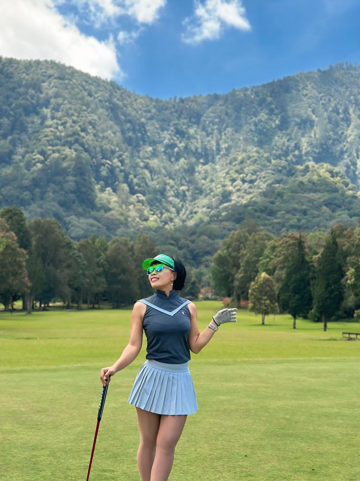 LT-130A || Ladies Top Sleeveless Blue Two-tone Yellow and White V Chest Stripes Trim Mandarin Neck & Rear Zip