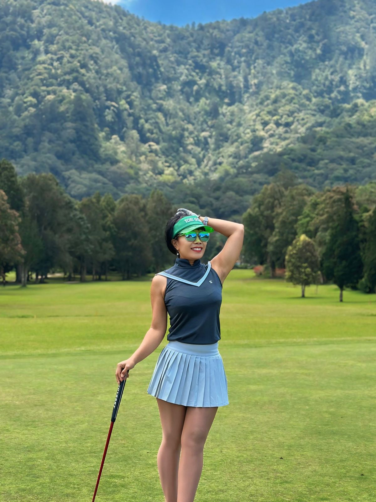 LT-130A || Ladies Top Sleeveless Blue Two-tone Yellow and White V Chest Stripes Trim Mandarin Neck & Rear Zip