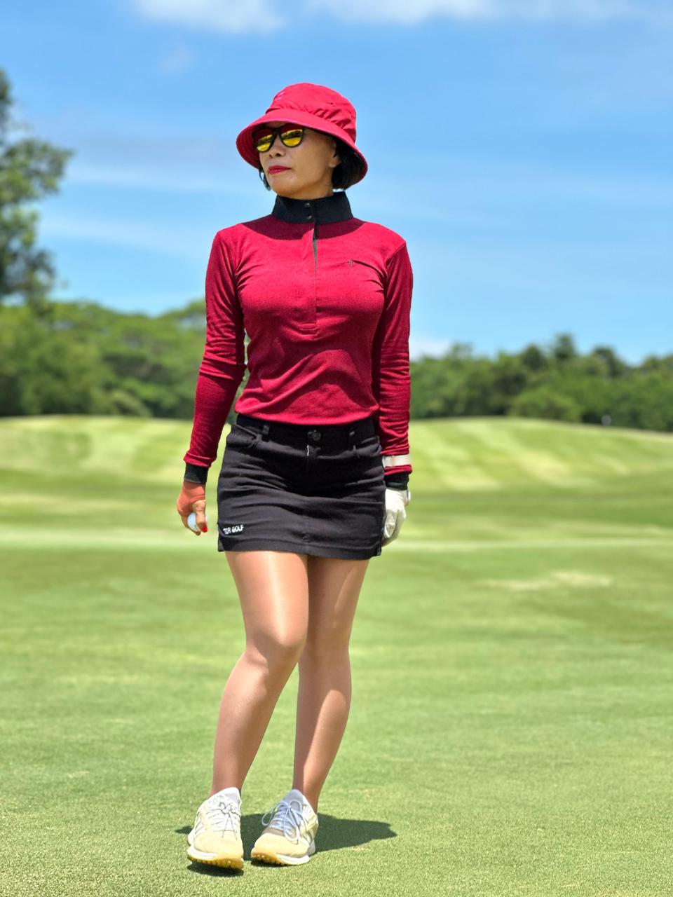 LT-139A || Ladies Top Long Sleeve Maroon w Black Horiz Dashed Stripes with Collar and Sleeve Trim Black and Snap Pearl Buttons