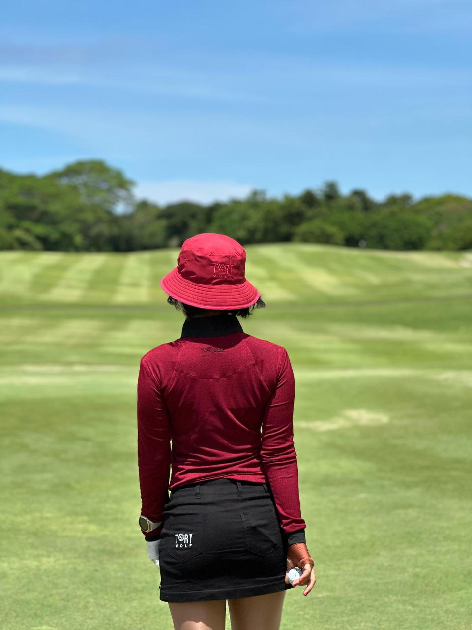 LT-139A || Ladies Top Long Sleeve Maroon w Black Horiz Dashed Stripes with Collar and Sleeve Trim Black and Snap Pearl Buttons
