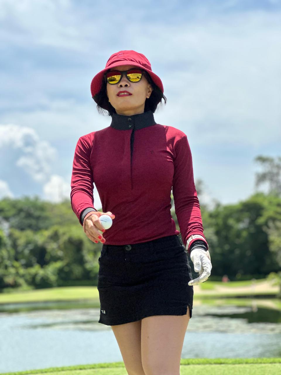 LT-139A || Ladies Top Long Sleeve Maroon w Black Horiz Dashed Stripes with Collar and Sleeve Trim Black and Snap Pearl Buttons