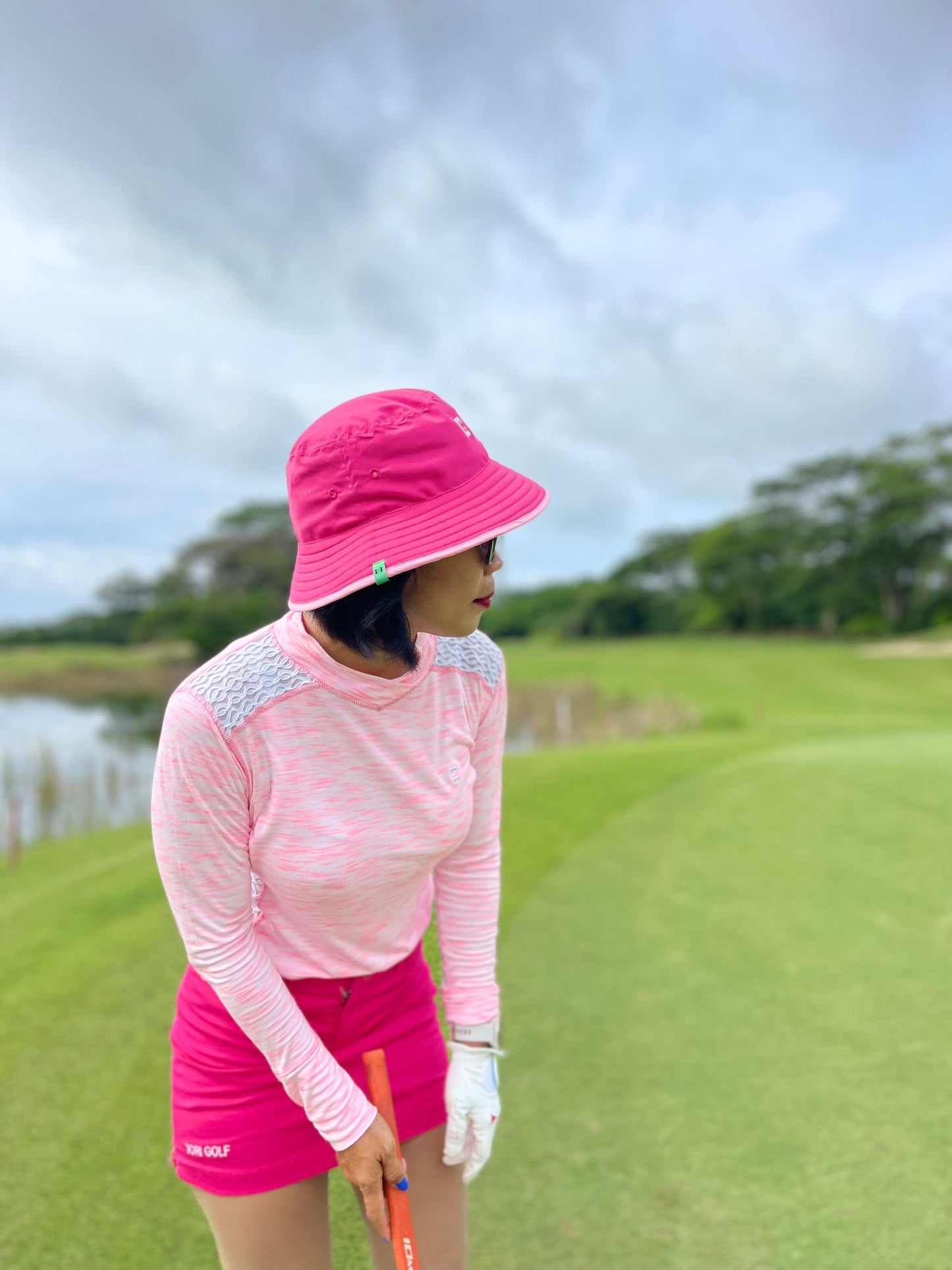 LT-100C || Ladies Top Mid Pink with White Faux Lace Side Panels & Shoulder Slash V Feature Collar Panel Neck