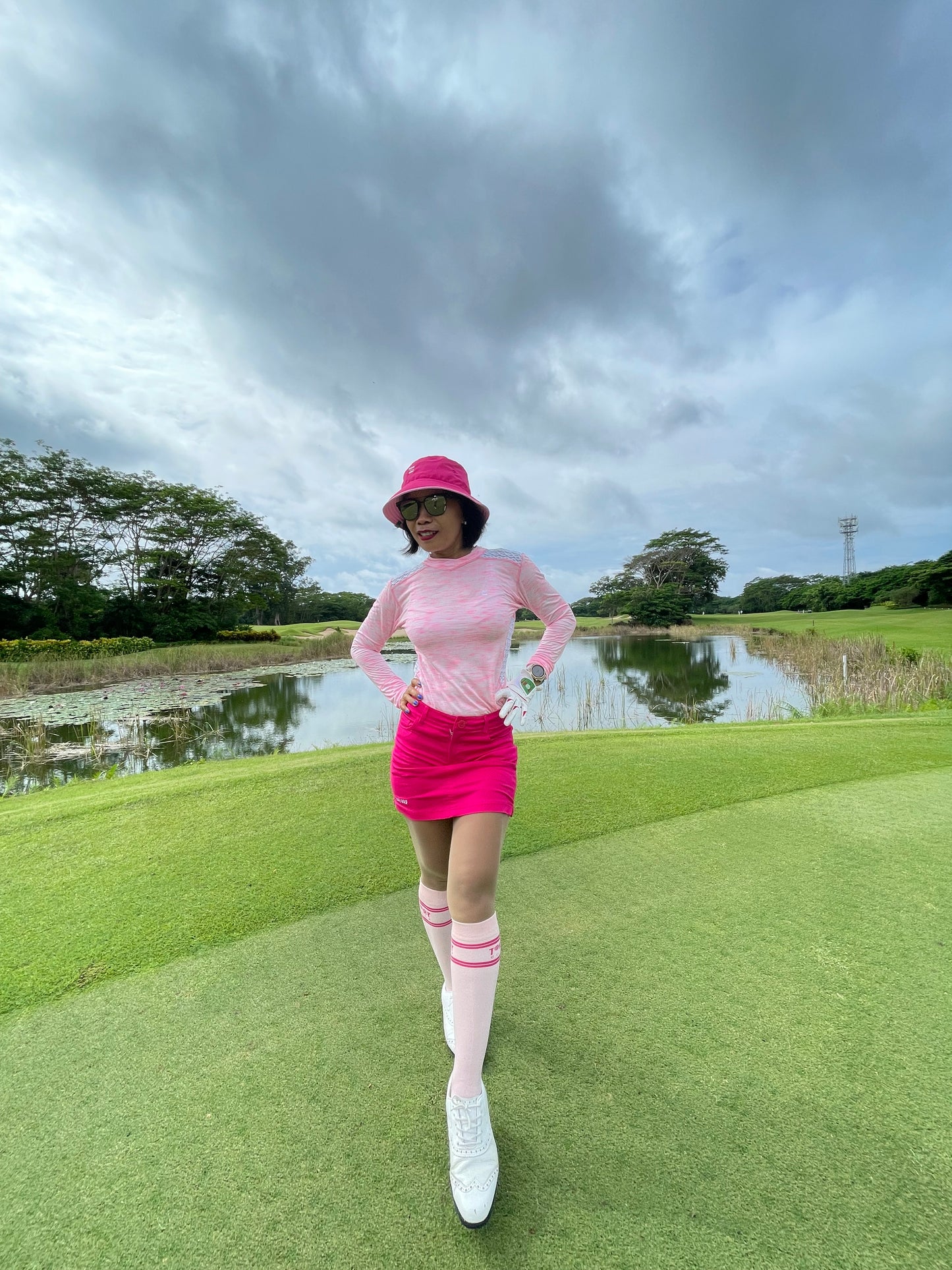 LT-100C || Ladies Top Mid Pink with White Faux Lace Side Panels & Shoulder Slash V Feature Collar Panel Neck